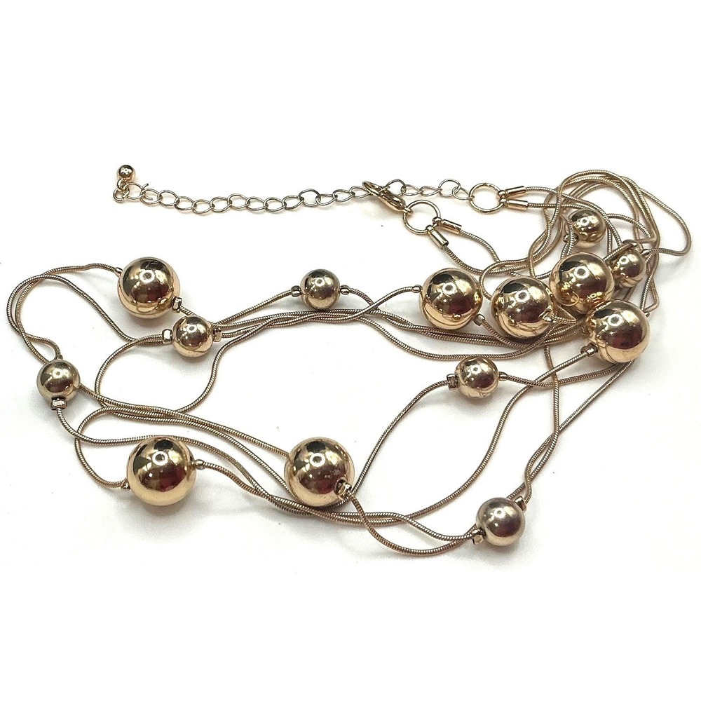 Gold Tone Double Strand Necklace Graduated Ball Beads 28-35" Layered Chain‎